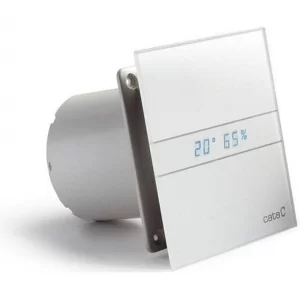 Designový koupelnový ventilátor Cata e100 GTH s čelním skleněným panelem, LED displejem zobrazujícím teplotu a vlhkost, nastavitelným hygrostatem (40–95 % RH) a doběhovým časovačem (0–15 min). Tichý provoz (17/31 dB), nízká spotřeba (4/8 W), vhodný pro montáž na stěnu i strop. BEZ zpětné klapky nutno dokoupit zvlášť.