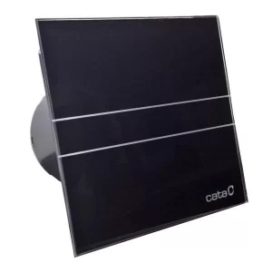 Designový koupelnový ventilátor Cata e100 GB s černým skleněným čelním panelem, tichým provozem (31 dB), nízkou spotřebou (8 W) a možností montáže na stěnu i strop. Ideální pro odvětrávání menších prostor. BEZ zpětné klapky nutno dokoupit zvlášť.