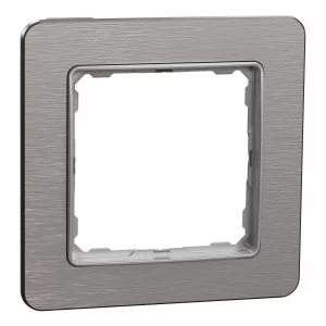 Jednonásobný rámeček Schneider Electric Sedna Elements v dekoru leštěný hliník. Slouží k dokončení sestavy vypínačů a zásuvek Sedna Design/Elements; dekor je pouze vzhledová imitace, nejde o skutečný materiál.
