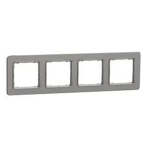 Čtyřnásobný rámeček Schneider Electric Sedna Elements v dekoru leštěný hliník. Slouží k dokončení sestavy vypínačů a zásuvek Sedna Design/Elements; dekor je pouze vzhledová imitace, nejde o skutečný materiál.