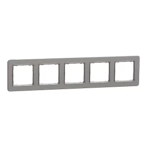 Pětinásobný rámeček Schneider Electric Sedna Elements v dekoru leštěný hliník. Slouží k dokončení sestavy vypínačů a zásuvek Sedna Design/Elements; dekor je pouze vzhledová imitace, nejde o skutečný materiál.
